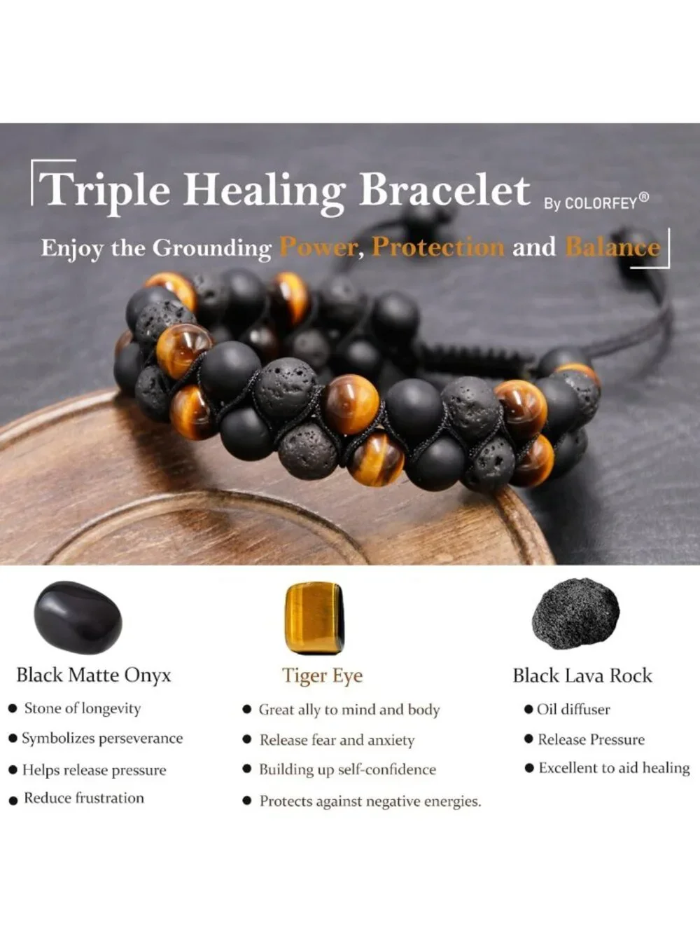 Handmade Triple Protection Bracelet for Men & Women - Tiger Eye, Black Onyx